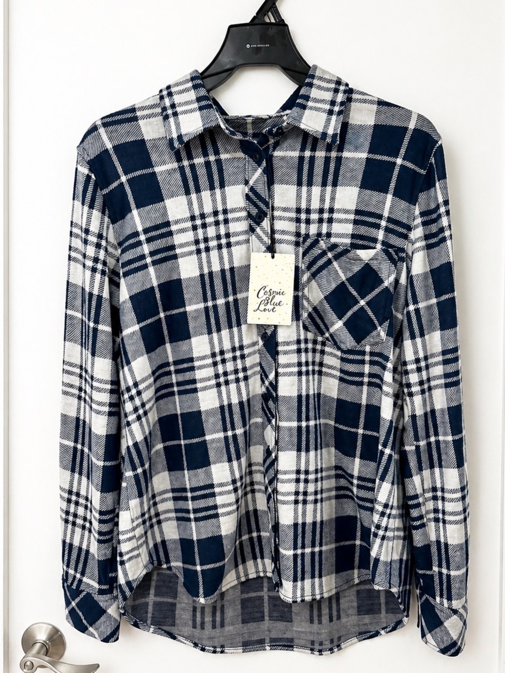 Cosmic Blue Love Harper Knit Button Down‎ Plaid Shirt Size M Cream Navy - Picture 4 of 6